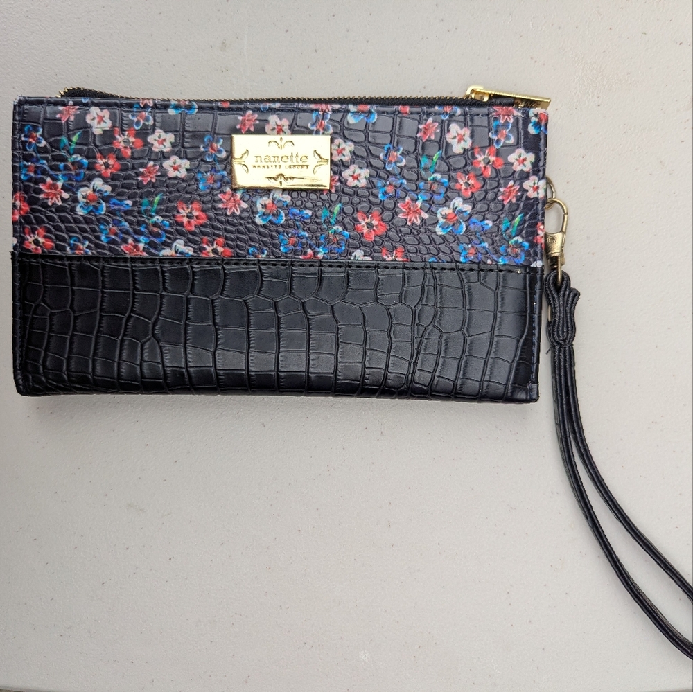 Nanette Lepore Black and Floral Wristlet